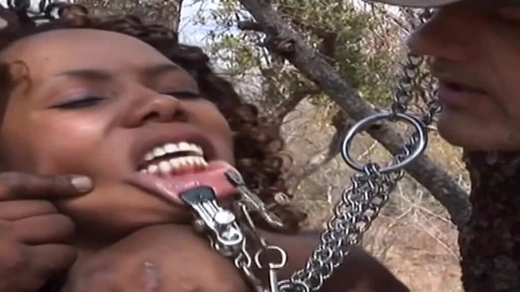 Super Hot Curly Black Babe Tied Up Y Roughly Teased by Two Dominant Massive Dicks
